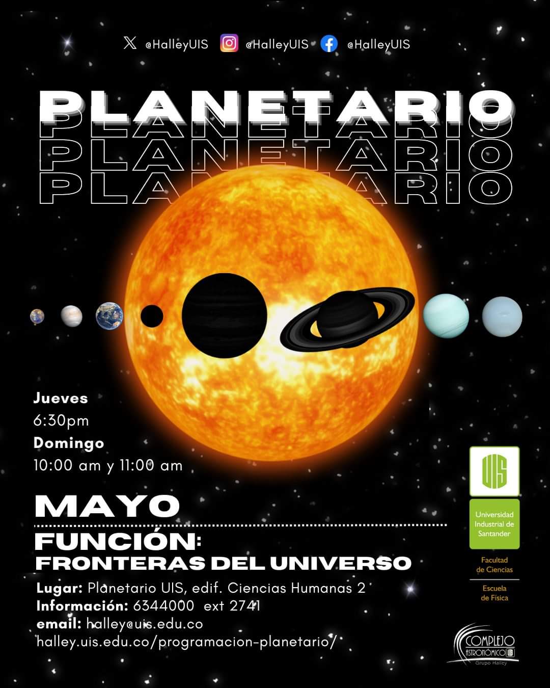 Imagen con el título del evento acompañado por una imagen del sistema solar