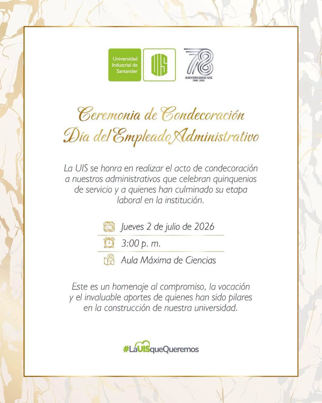 Invitación a la Ceremonia de Condecoración del Día del Empleado Administrativo