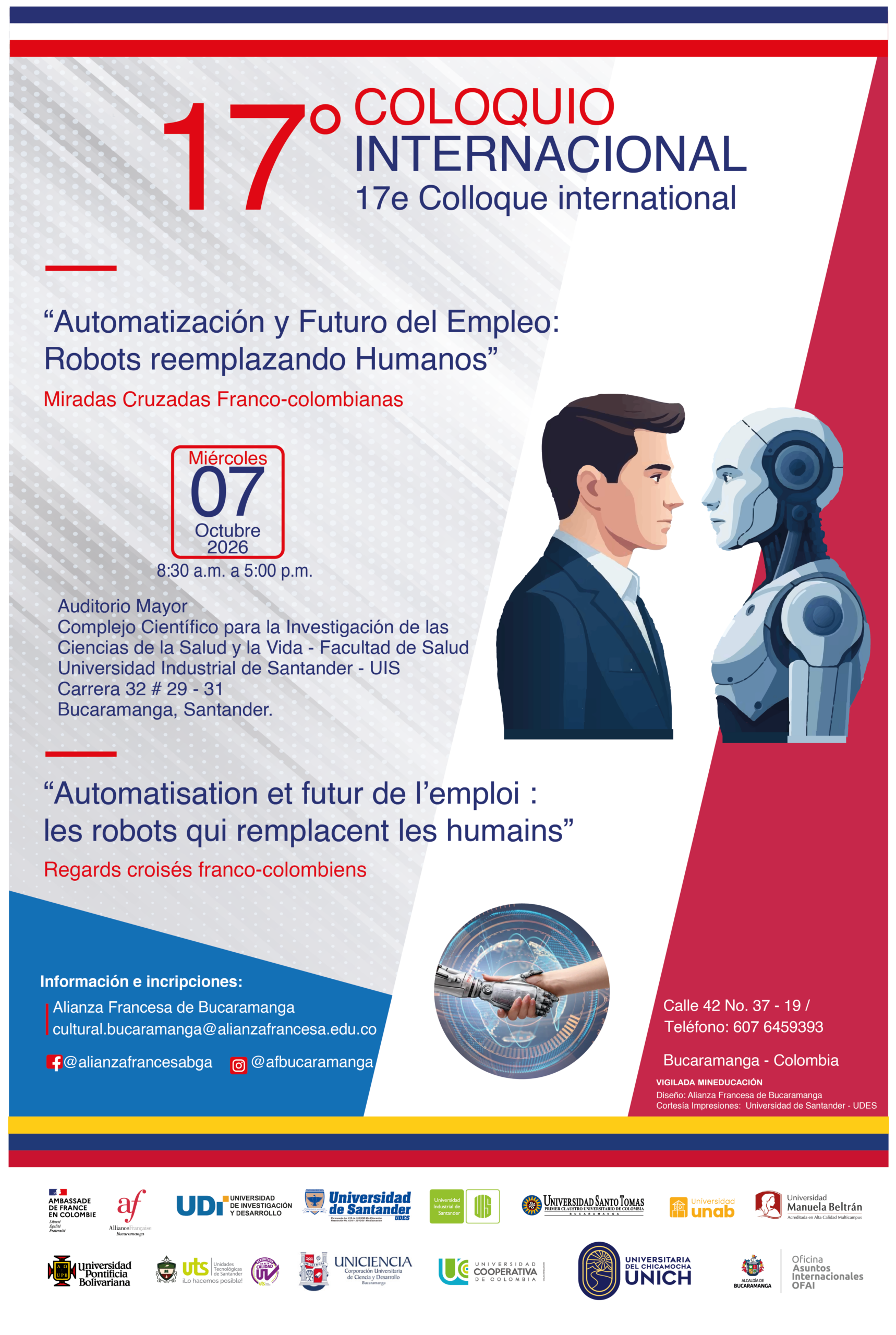 Afiche del 17 Coloquio Internacional "Automatización y Futuro del Empleo: Robots Reemplazando Humanos".