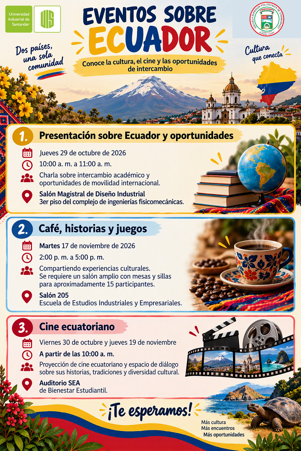 Pieza de divulgación del evento Ecuador en la UIS: Cultura, Cine y Oportunidades de Intercambio