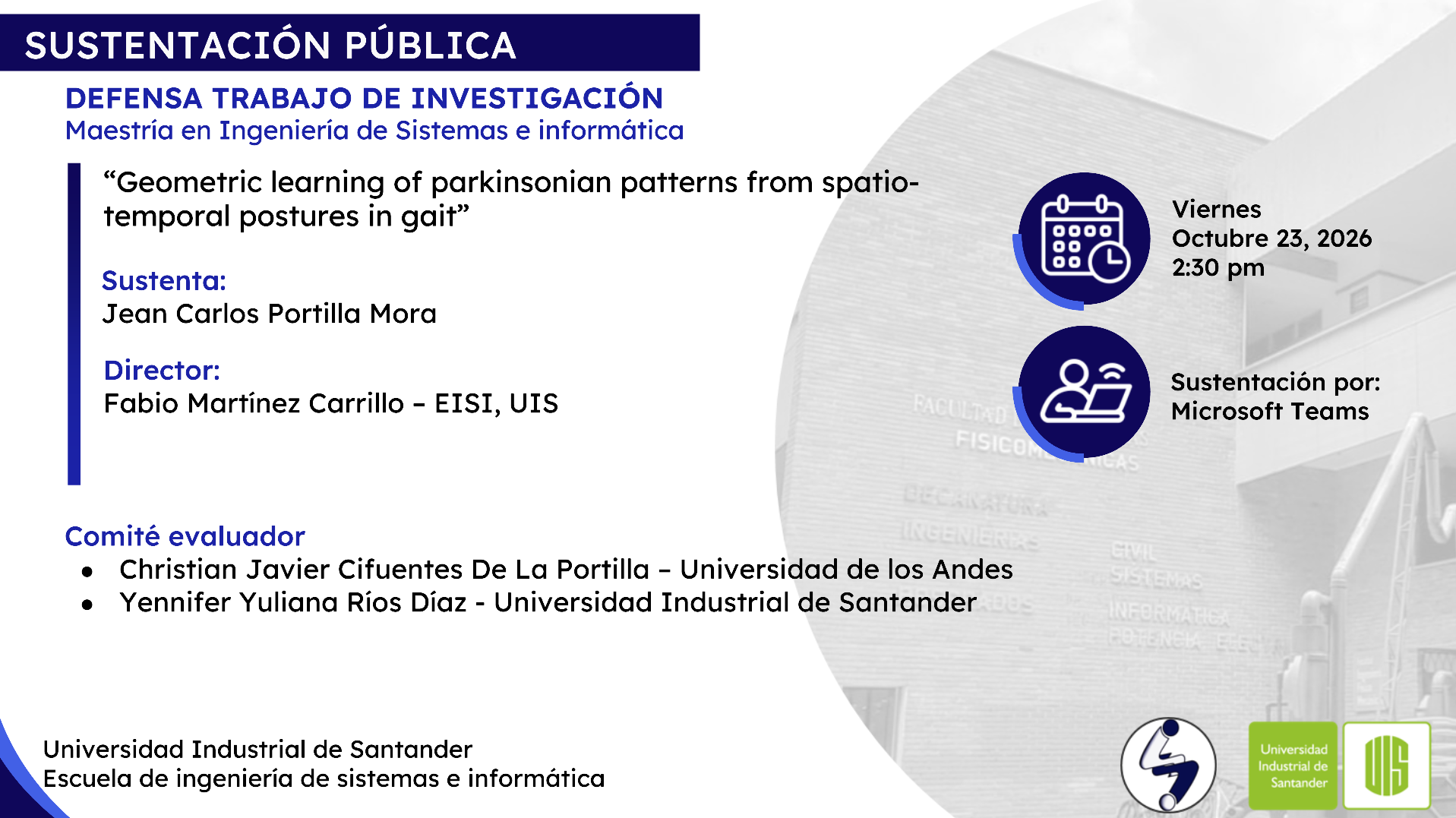 Pieza informativa sobre la defensa del trabajo de grado del estudiante Jean Carlos Portilla Mora.
