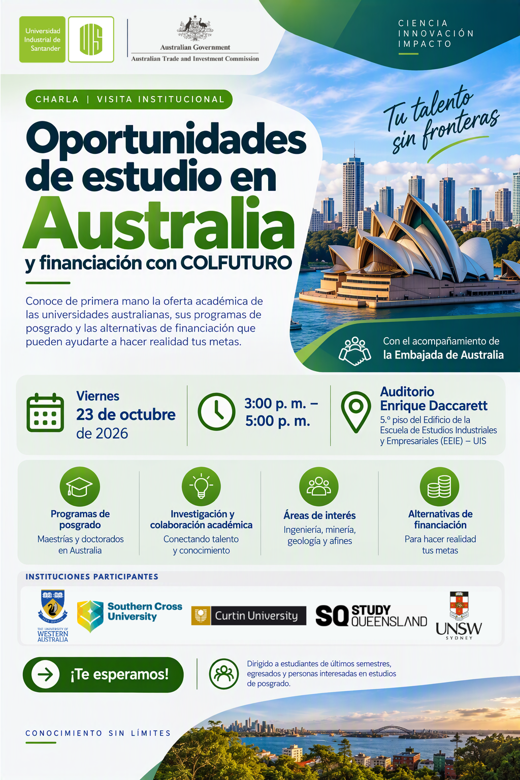 Pieza gráfica del evento Oportunidades de Estudio en Australia, programado para el 23 de octubre de 2026.