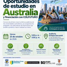 Pieza gráfica del evento Oportunidades de Estudio en Australia, programado para el 23 de octubre de 2026.